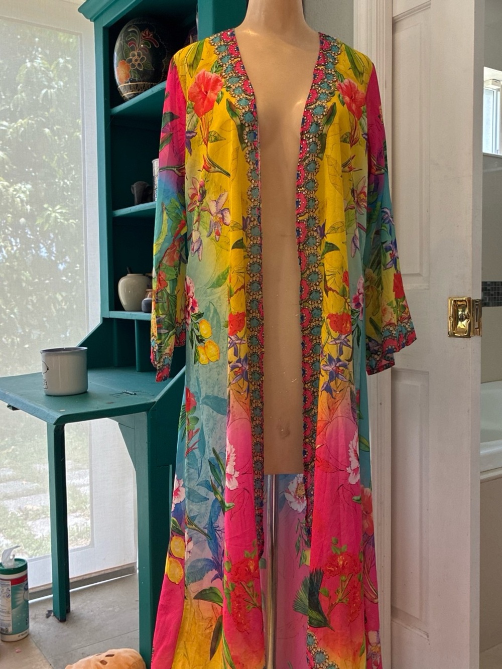 Vibrant Floral Long Open Kimono Cape - Yellow & Pink Floral Ombré Long Duster